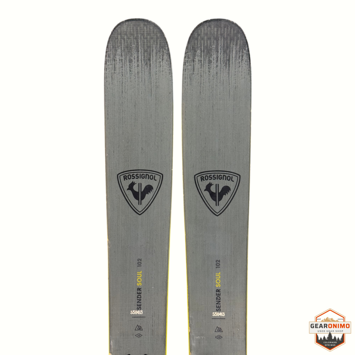 Gearonimo Sports Rossignol Sender Soul 102 skis in grey with black branding and yellow accents