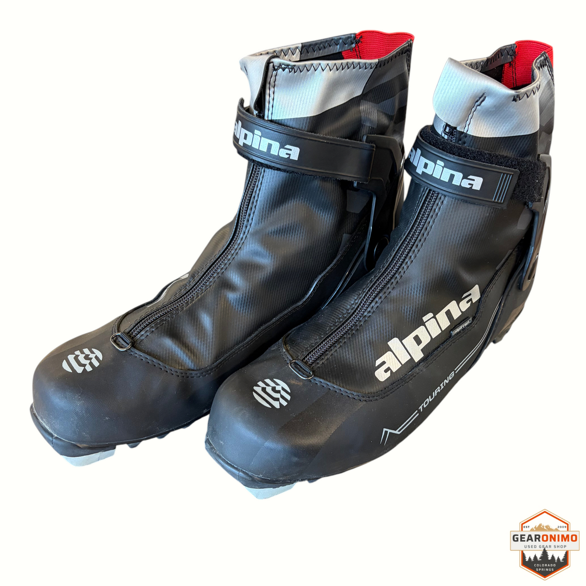 Gearonimo Sports Alpina T-20 Plus black touring NNN cross-country ski boots with front zipper and ankle strap