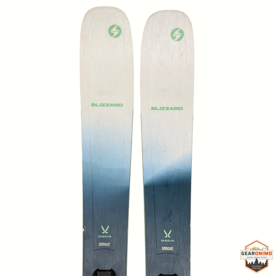 Gearonimo Sports Blizzard Sheeva 9 skis in a silver and blue gradient finish with green branding