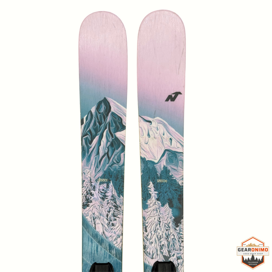 Gearonimo Sports Nordica Santa Ana 92 skis featuring a pink and blue mountain landscape graphic in 155cm length
