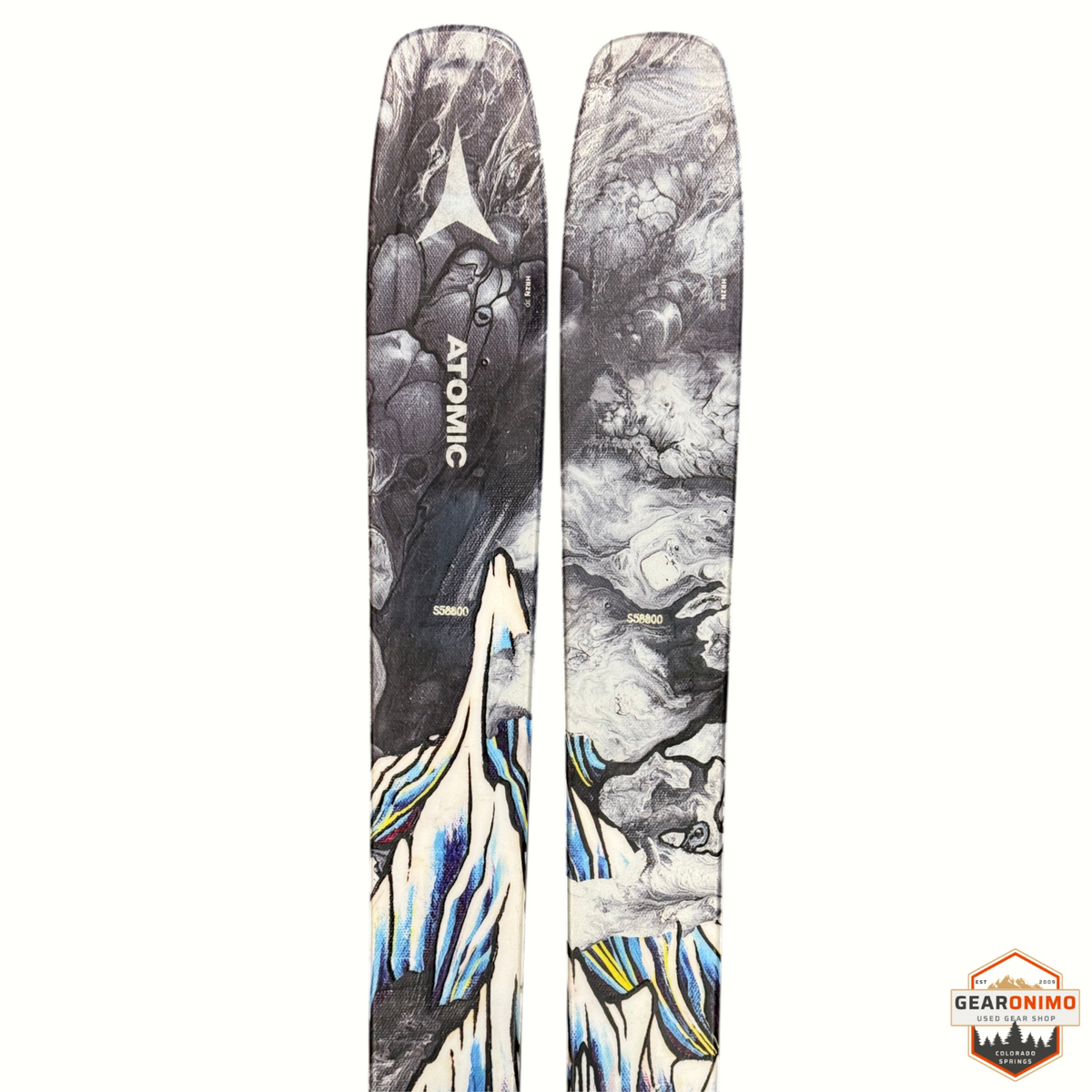Gearonimo Sports Atomic Bent Chetler 100 skis featuring a black and white marbled graphic with artistic accents