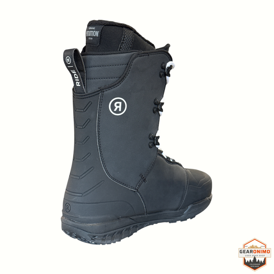 Gearonimo Sports Ride Fuse snowboard boot in black, featuring Intuition foam liner and rear logo detail.