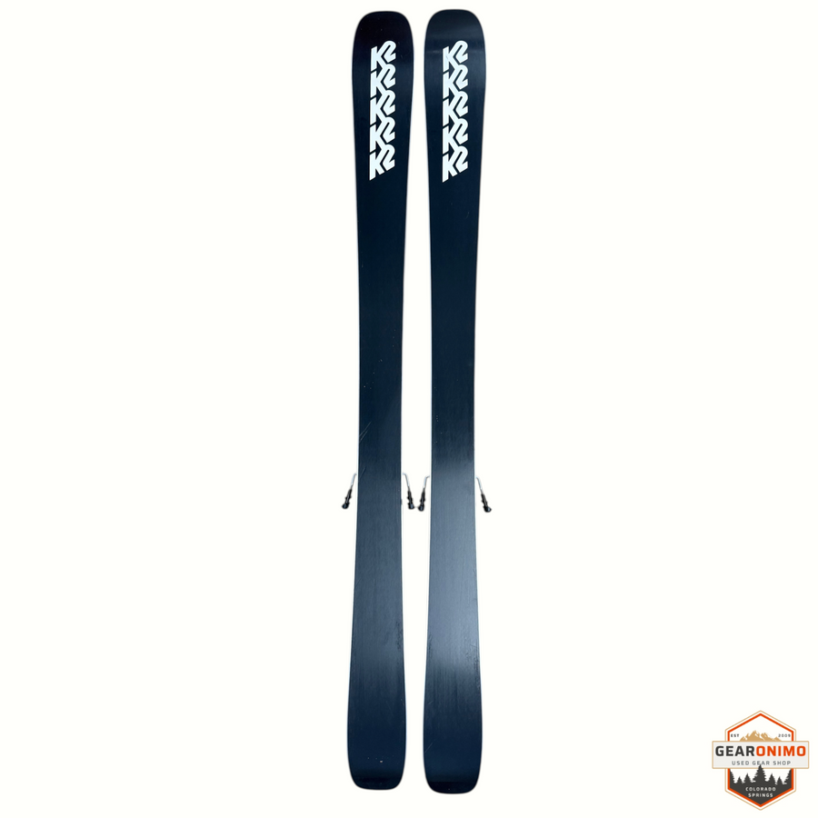Gearonimo Sports K2 Mindbender 90c W skis in black with white logo branding and Marker M3 10 bindings