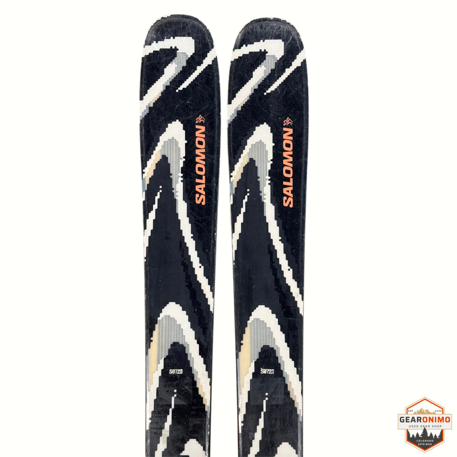Gearonimo Sports Salomon Qst 94 skis with black and white geometric pattern and orange branding, 172cm length