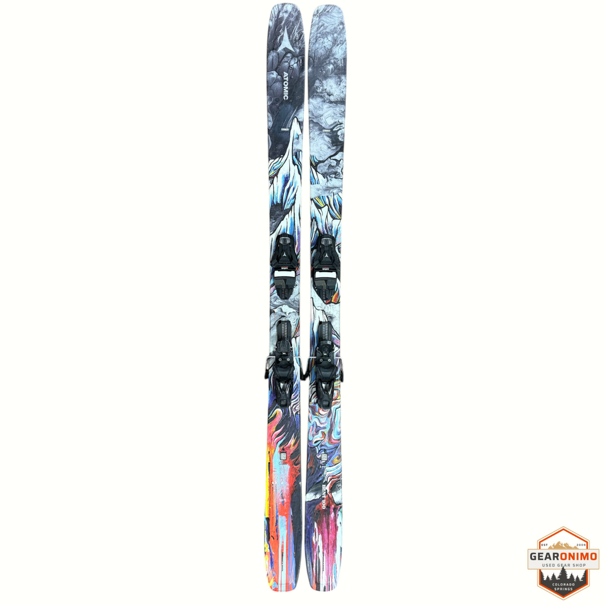 Gearonimo Sports Atomic Bent Chetler 100 skis with Strive 11 bindings featuring artistic mountain graphic design