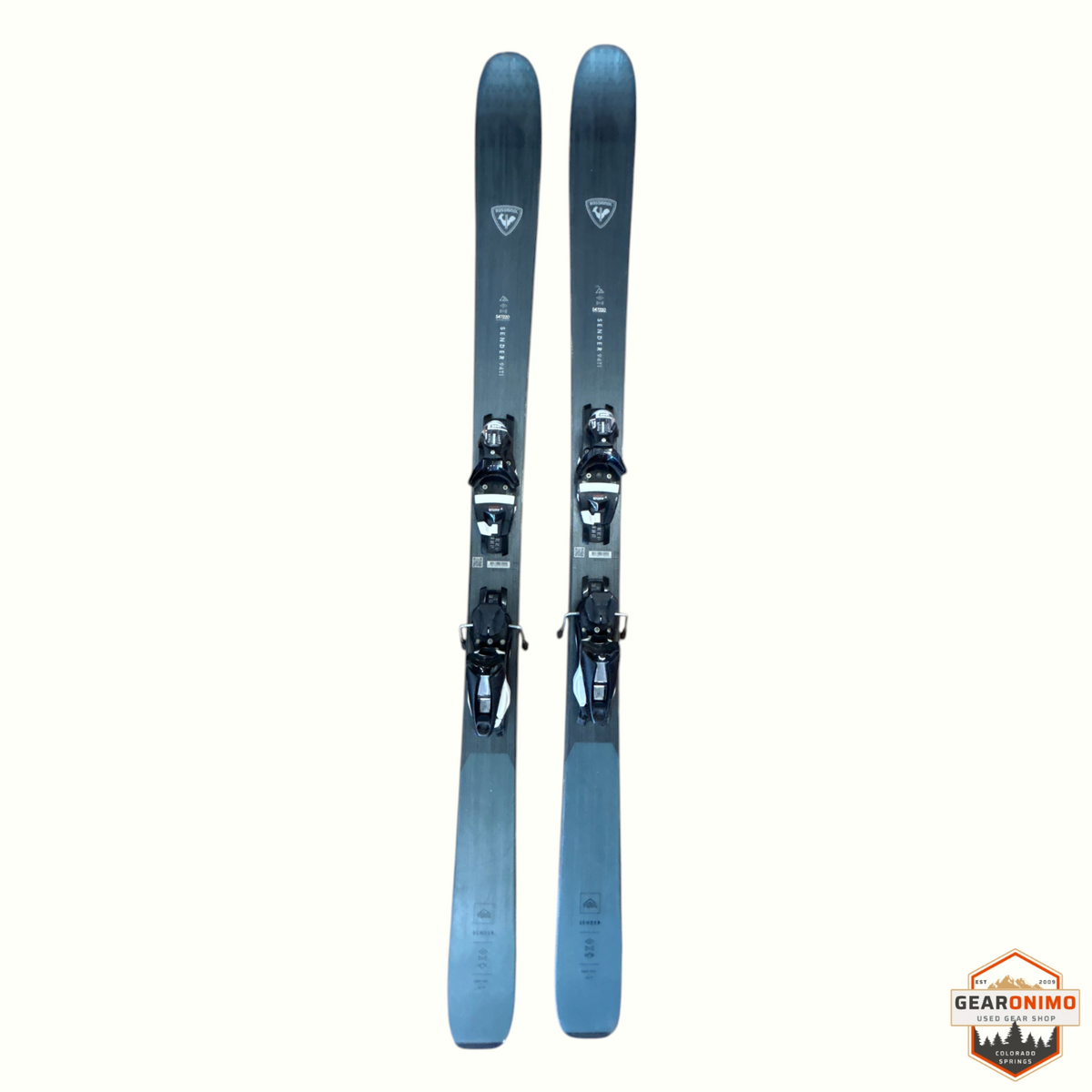 Gearonimo Sports Rossignol Sender 94ti skis in dark grey with pre-mounted Look Nx12 bindings, 172 cm length.