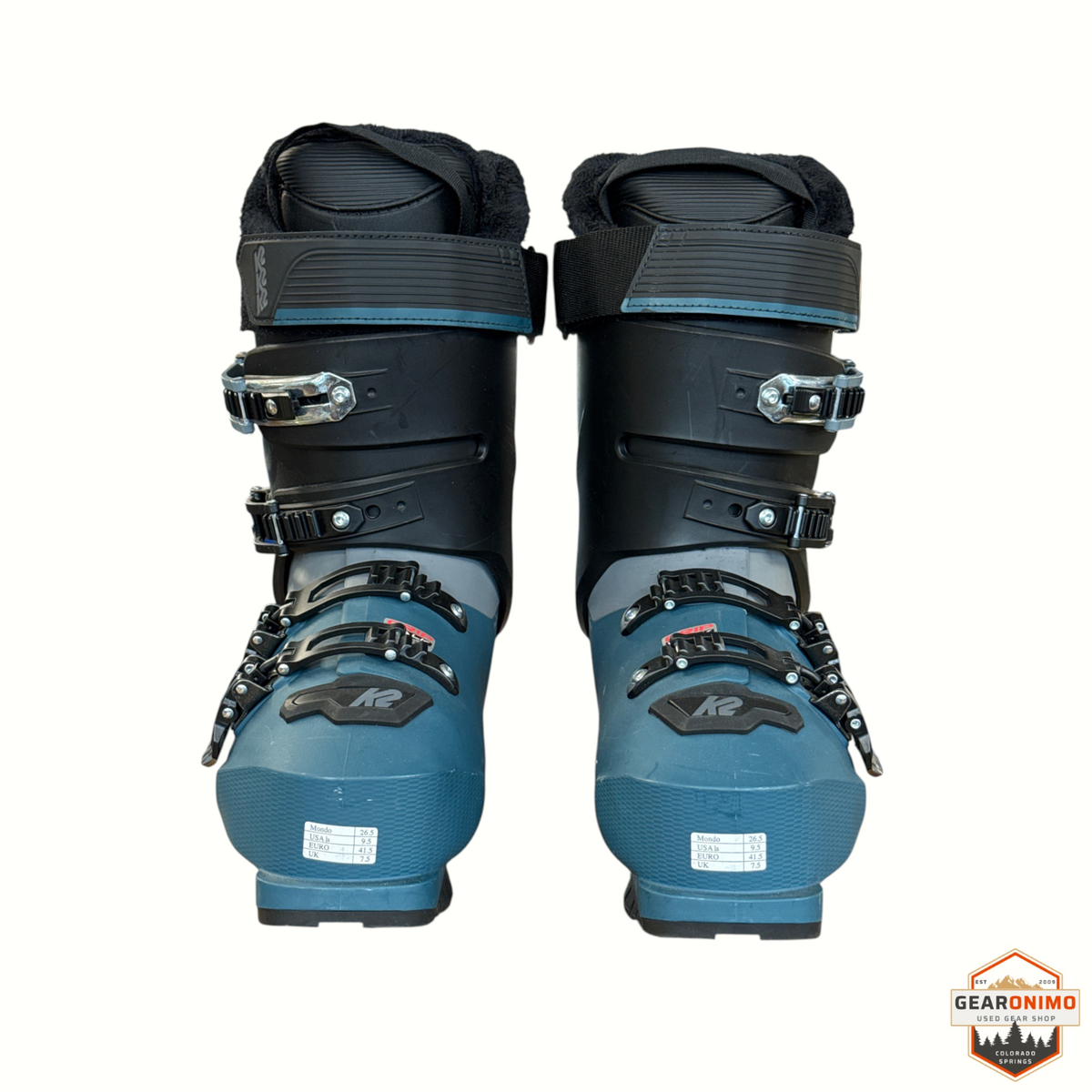 Gearonimo Sports K2 BFC W 95 women's ski boots in black and blue with four buckles and adjustable power straps