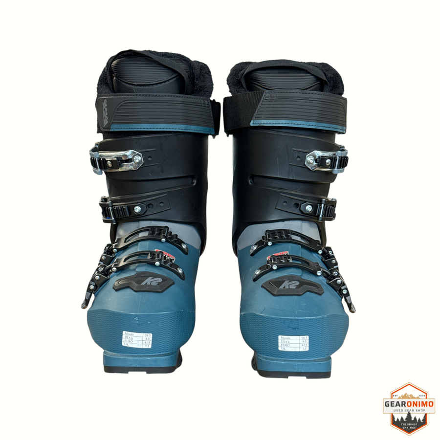 Gearonimo Sports K2 BFC W 95 women's ski boots in black and blue with four buckles and adjustable power straps