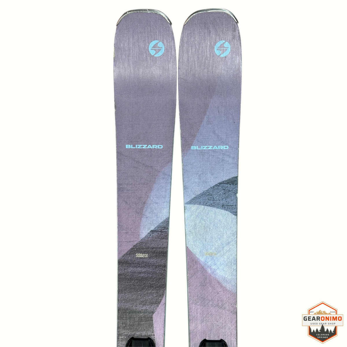 Gearonimo Sports Blizzard Black Pearl 88 skis in purple with geometric patterns and Marker Tcx 11 bindings