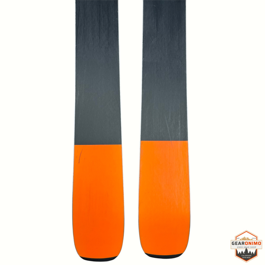 Gearonimo Sports Blizzard Black Pearl 88 skis with orange tips and black topsheets, size 164cm.