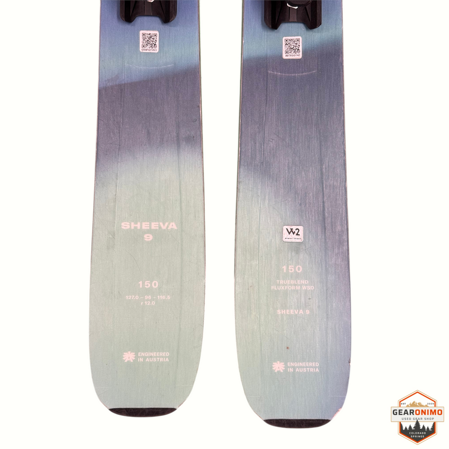Gearonimo Sports Blizzard Sheeva 9 skis in 150cm length with Marker Squire 11 bindings, featuring a blue gradient.