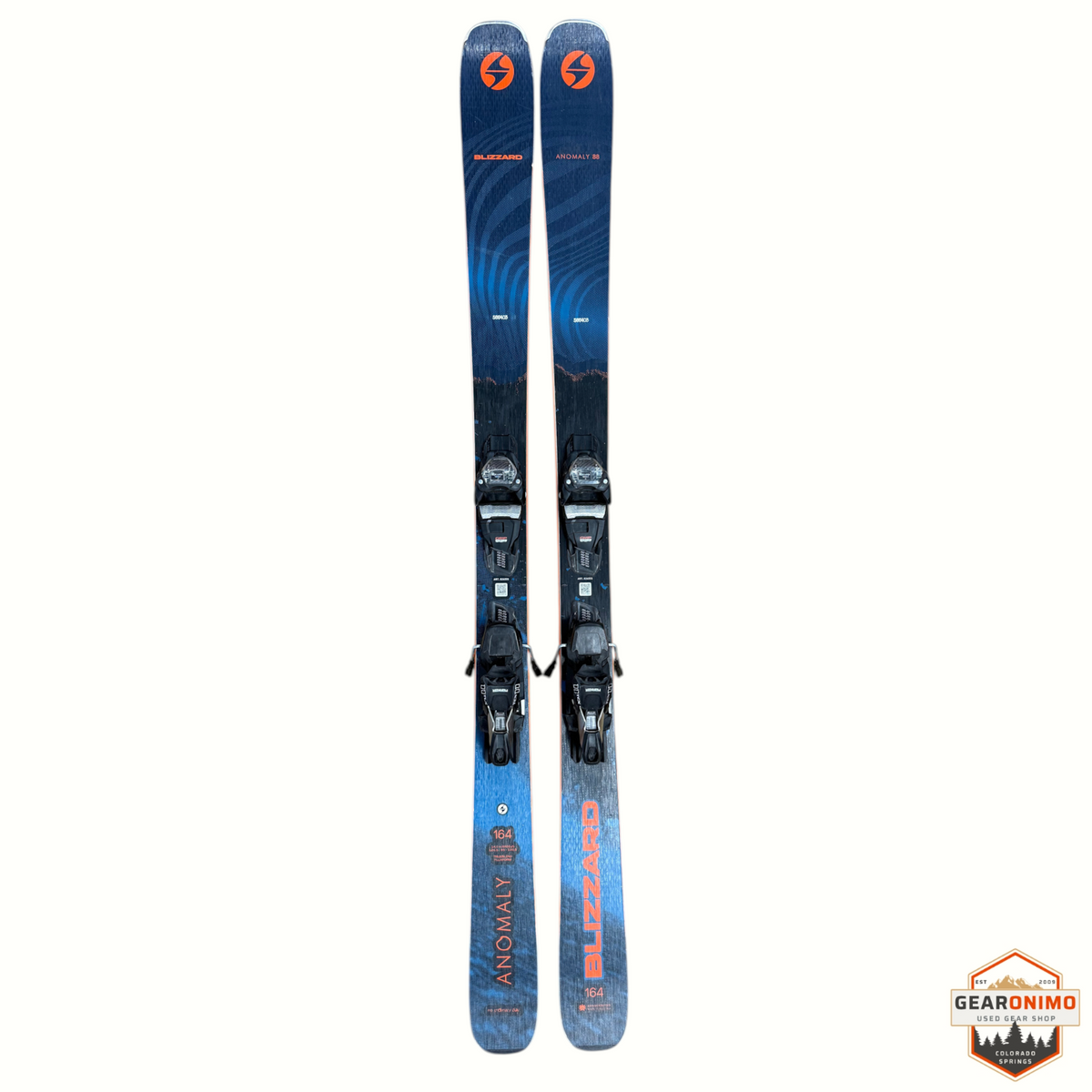 Gearonimo Sports Blizzard Anomaly 88 skis in blue and orange with pre-mounted Marker Tcx 11 bindings, size 164cm.
