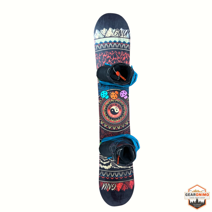 Gearonimo Sports GNU Ladies Choice snowboard featuring a colorful mandala and yin-yang design with blue step-on bindings