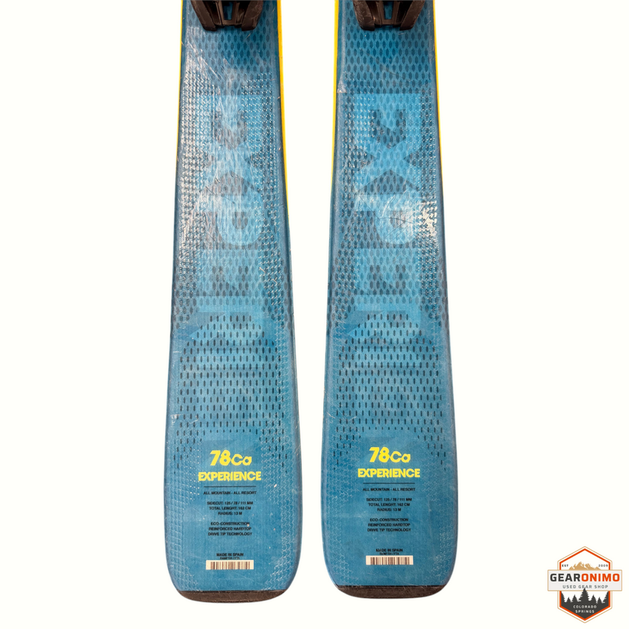 Gearonimo Sports Rossignol Experience 78 Ca skis with Look Xpress 11 bindings, blue and yellow all-mountain design.