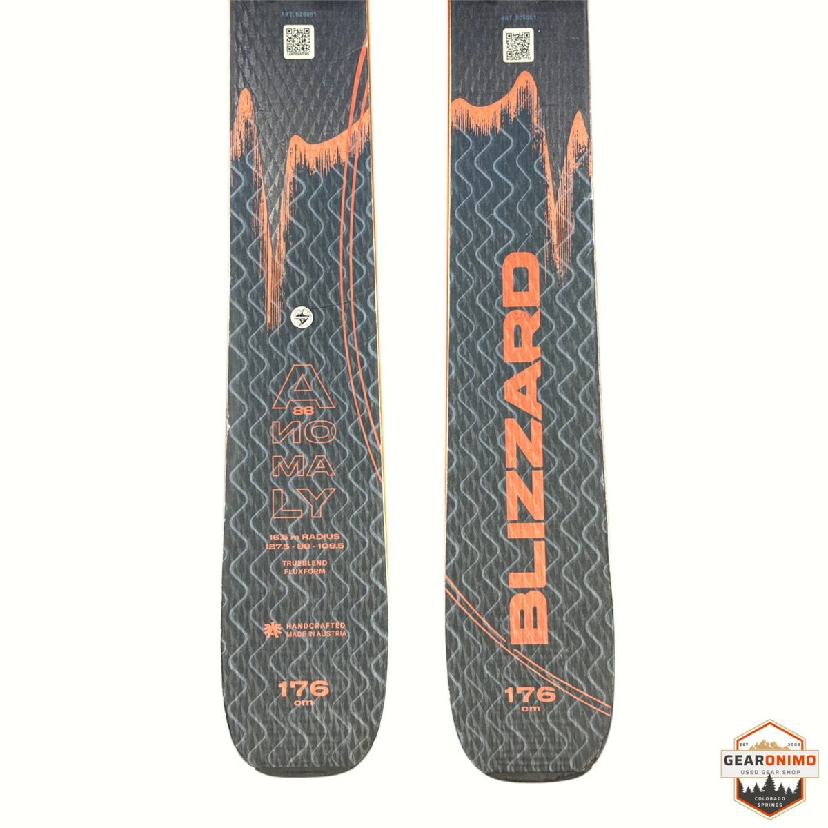 Gearonimo Sports Blizzard Anomaly 94 skis in black and orange with Salomon M11 bindings, 176cm length