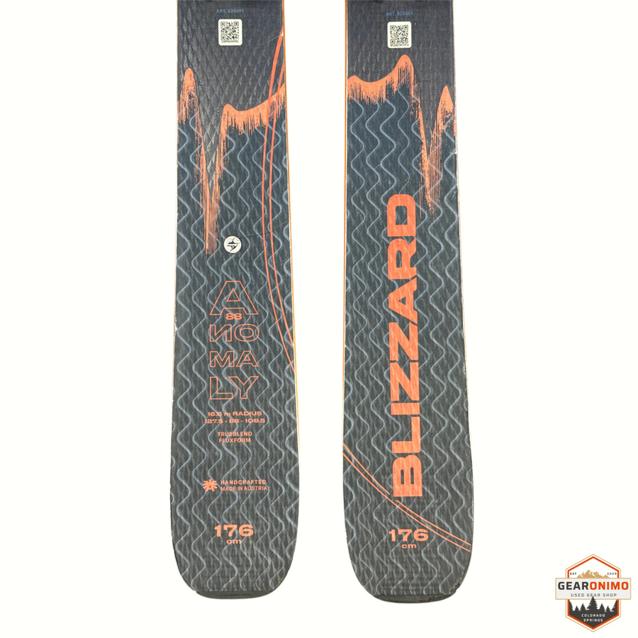 Gearonimo Sports Blizzard Anomaly 94 skis in black and orange with Salomon M11 bindings, 176cm length