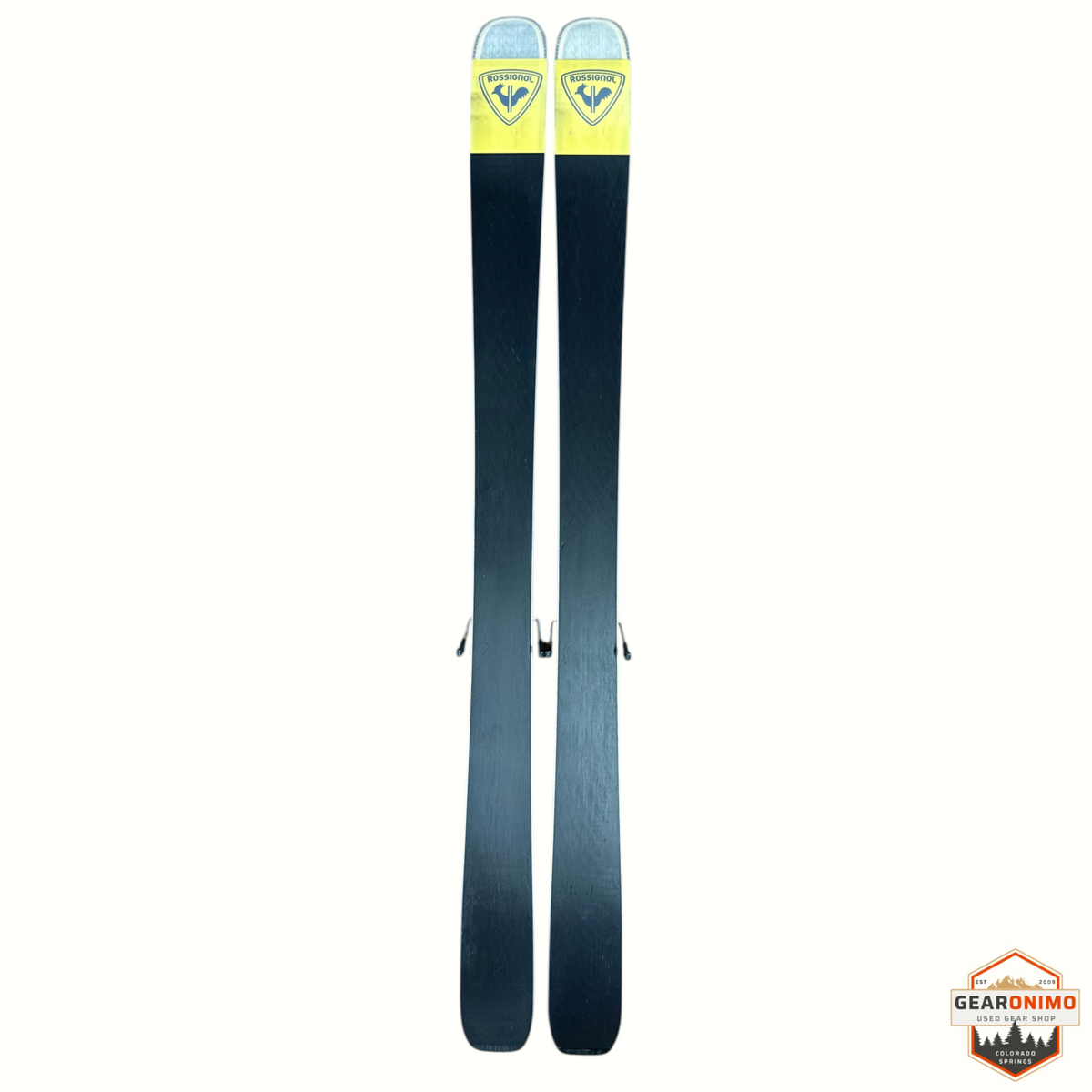 Gearonimo Sports Rossignol Sender Soul 102 skis in black with yellow tips and mounted Look Nx 12 bindings