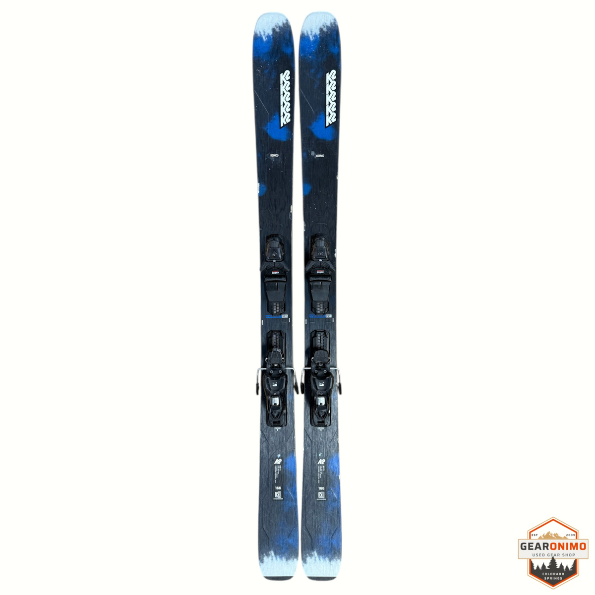 Gearonimo Sports K2 Mindbender 99ti skis in blue and black with pre-mounted Salomon M11 bindings, 166cm length.
