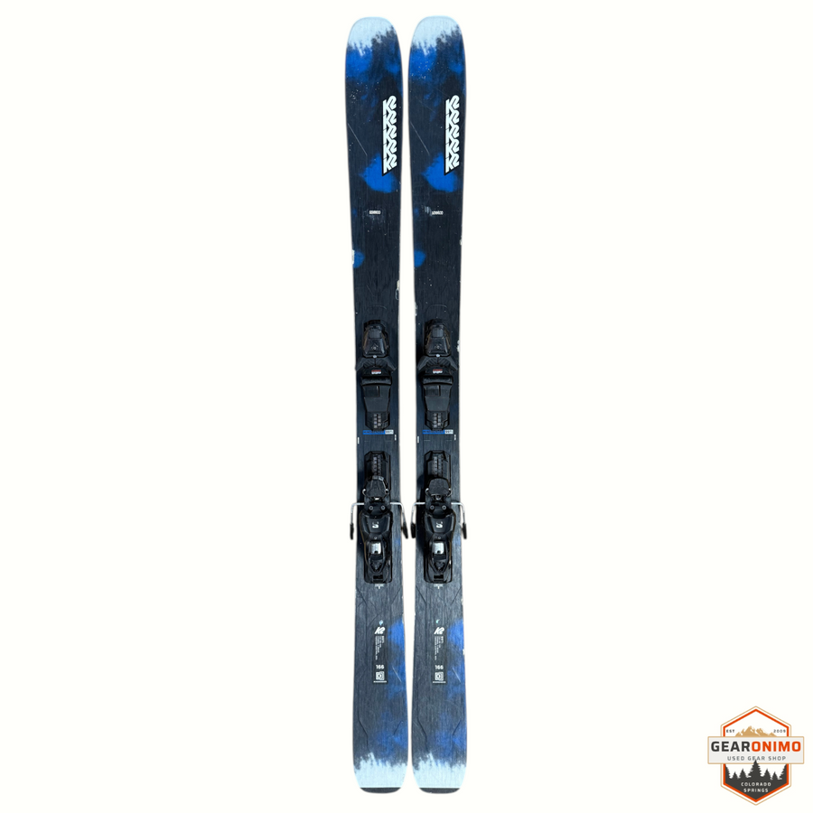 Gearonimo Sports K2 Mindbender 99ti skis in blue and black with pre-mounted Salomon M11 bindings, 166cm length.
