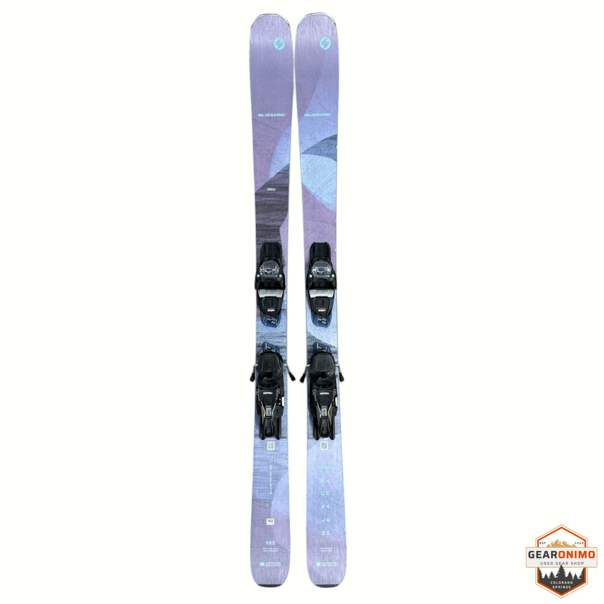 Gearonimo Sports Blizzard Black Pearl 88 skis in purple and grey with pre-mounted Marker Tcx 11 bindings, 152cm length