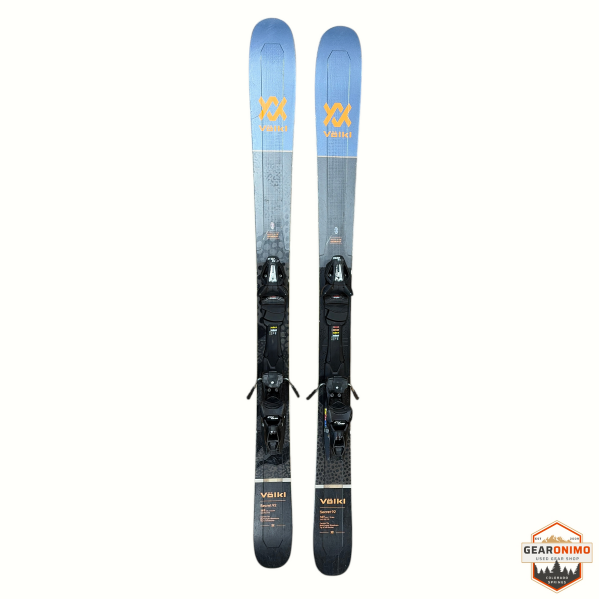 Gearonimo Sports Völkl Secret 92 skis in blue and grey with Tyrolia SP 10 bindings, 149cm length, top-down view.