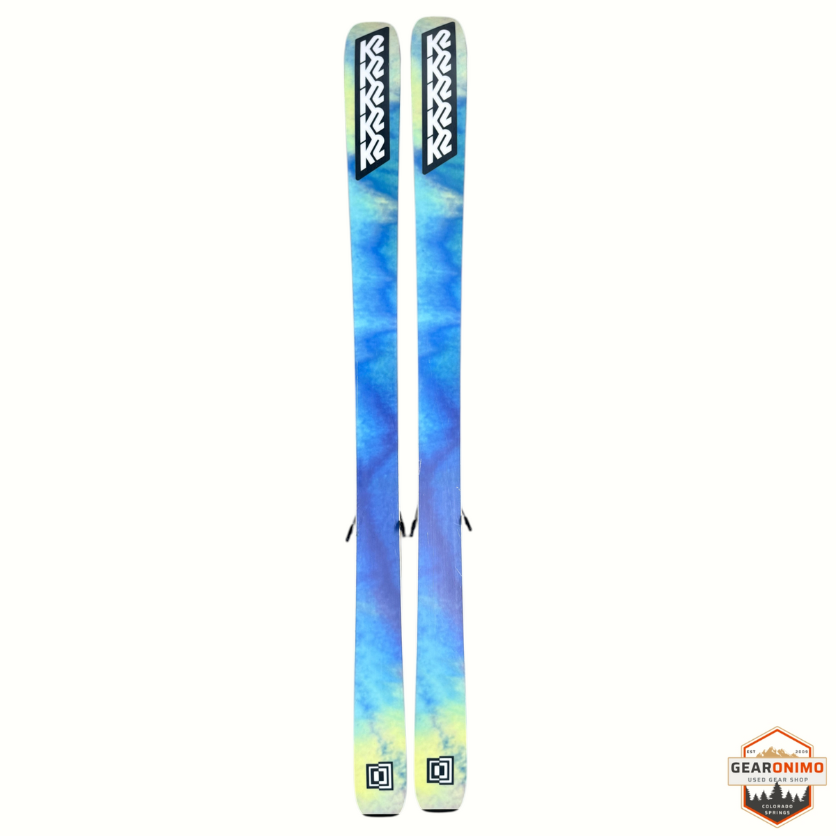 Gearonimo Sports K2 Mindbender 99ti skis with Salomon M11 bindings featuring a blue and yellow watercolor design