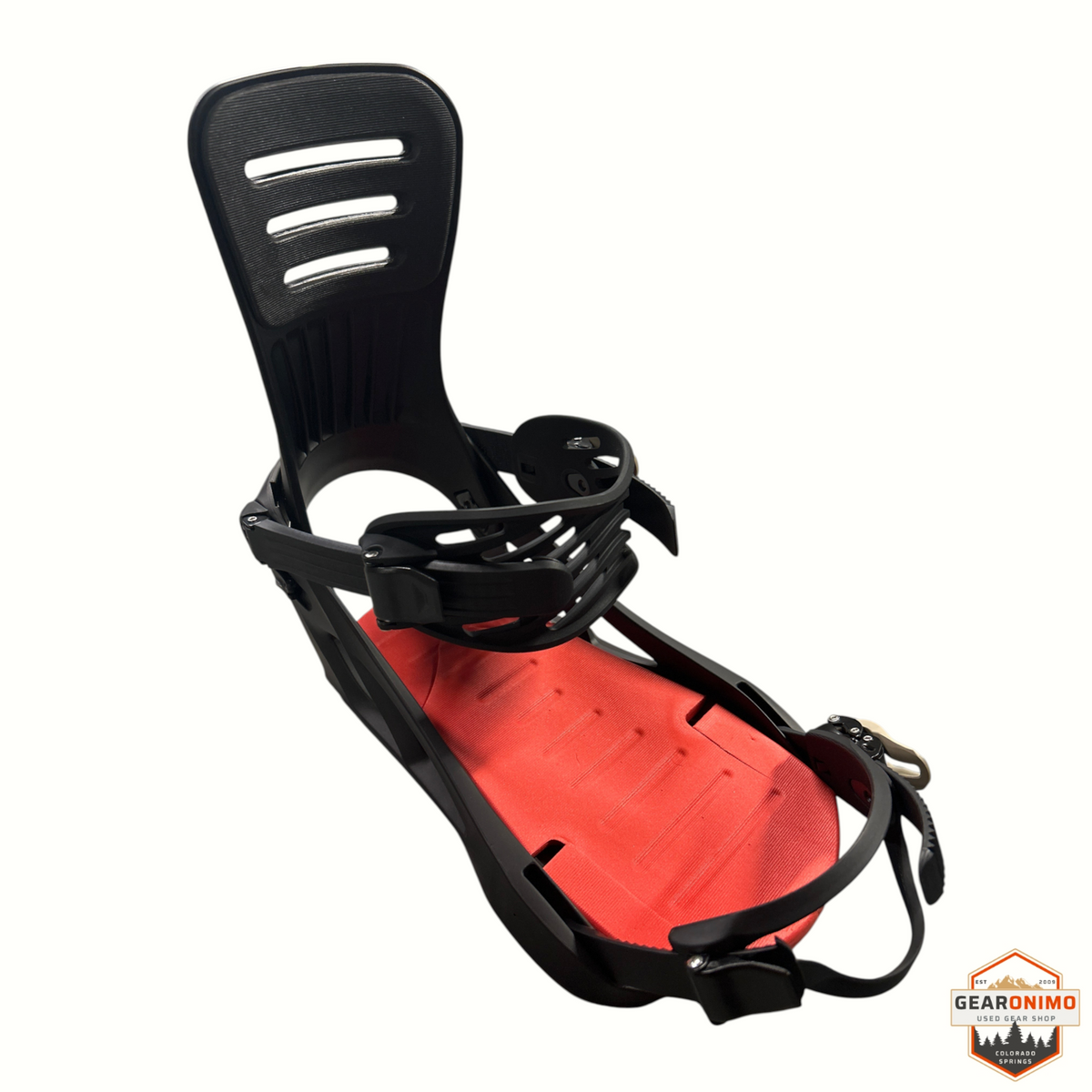Gearonimo Sports K2 Formula snowboard binding in black with a vibrant red footbed for all-mountain riding.