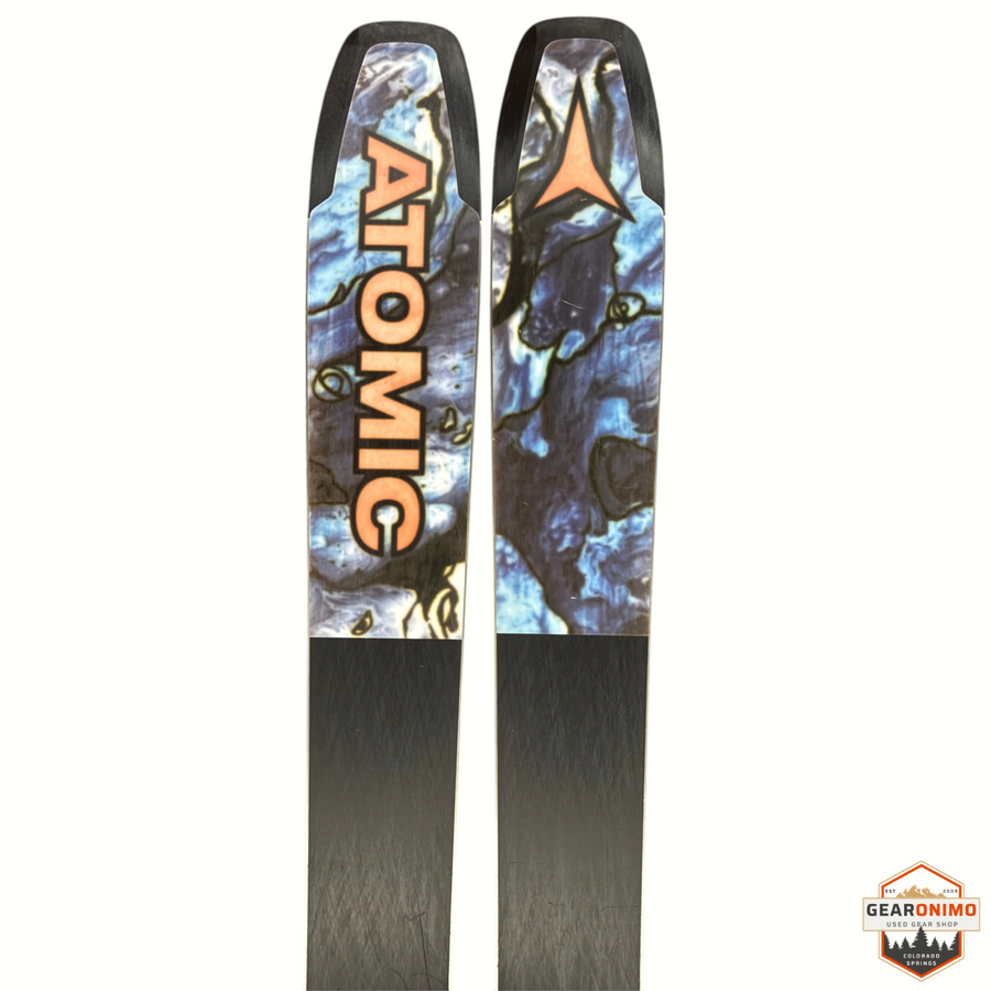 Gearonimo Sports Atomic Bent Chetler 100 skis featuring a blue and black marbled graphic with orange logo branding