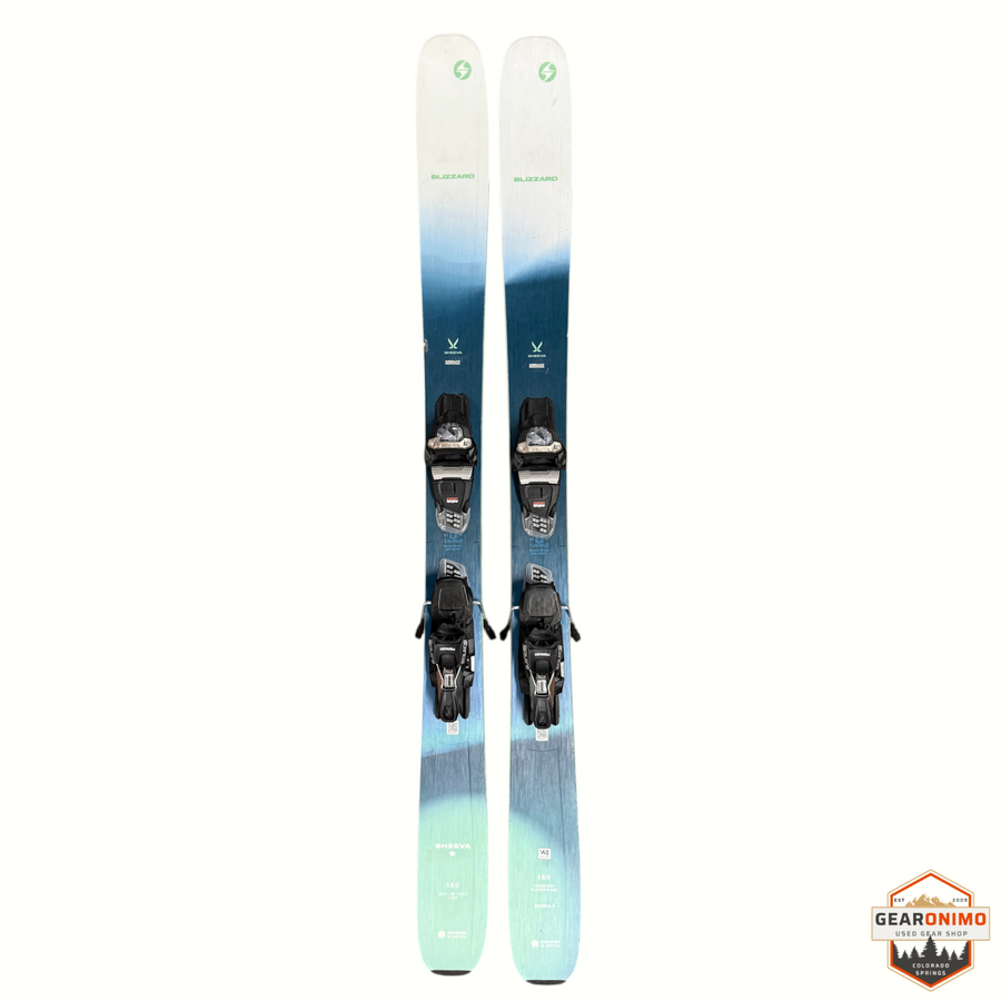 Gearonimo Sports Blizzard Sheeva 9 skis with Marker Squire 11 bindings in a blue and white gradient design