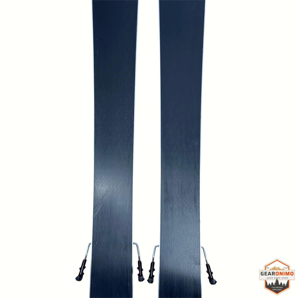 Gearonimo Sports K2 Mindbender 90c W skis in black with Marker M3 10 bindings, 160cm length, base view