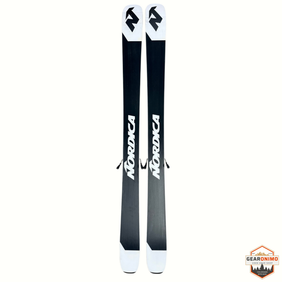 Gearonimo Sports Nordica Santa Ana 92 skis in black and white with mounted Marker Squire 11 bindings
