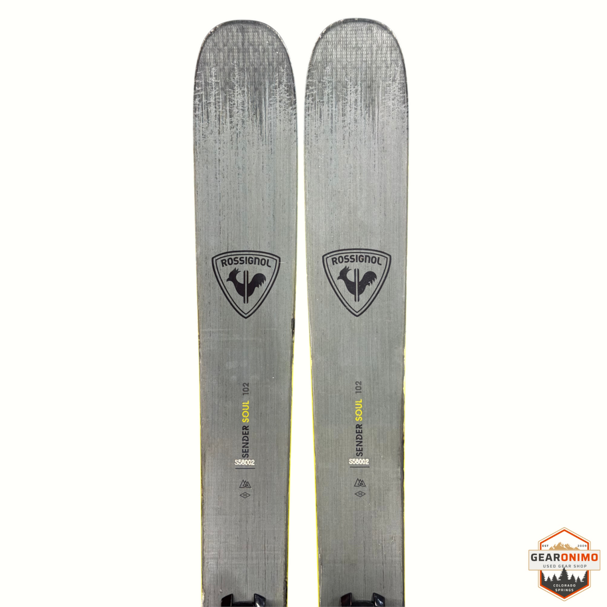 Gearonimo Sports Rossignol Sender Soul 102 skis in grey with black branding, 180cm length, front view.