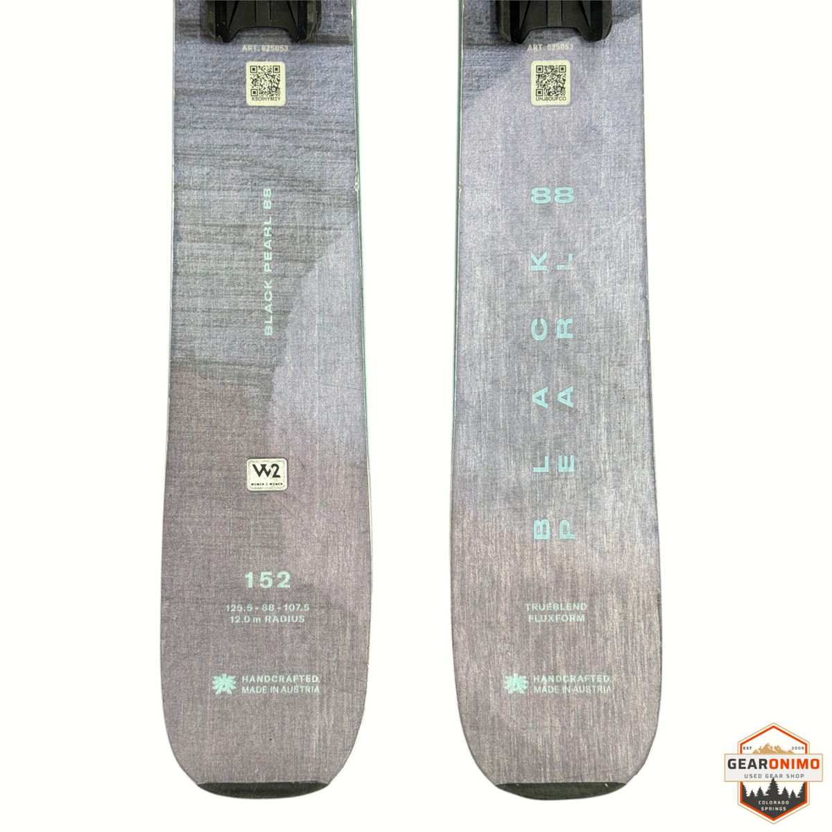 Gearonimo Sports Blizzard Black Pearl 88 skis in 152cm with Marker Tcx 11 bindings, featuring a grey wood grain finish.