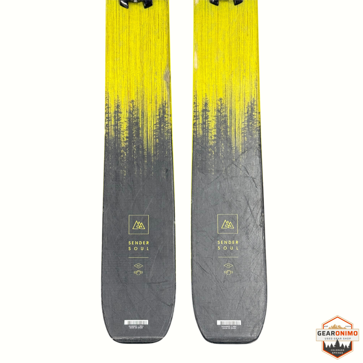 Gearonimo Sports Rossignol Sender Soul 102 skis in yellow and black with forest graphic, 180cm length
