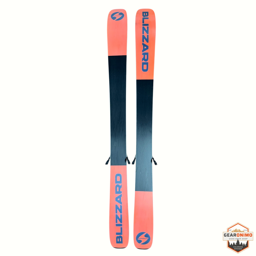 Gearonimo Sports Blizzard Sheeva 9 skis in orange and black with Marker Squire 11 bindings, 150cm length