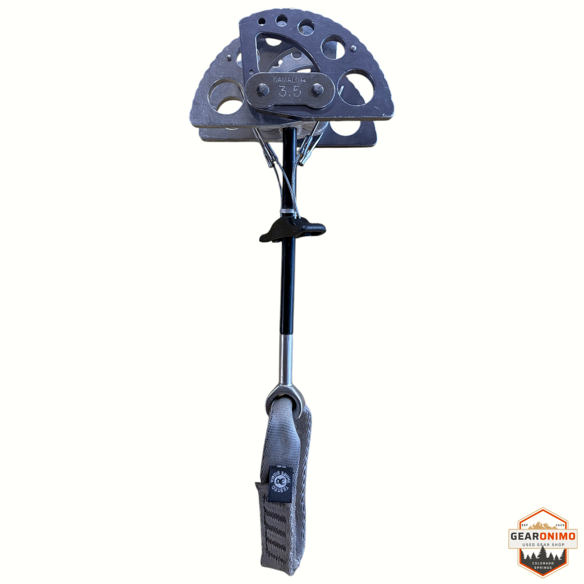 Gearonimo Sports Black Diamond Camalot C4 size 3.5 climbing cam with grey sling on a white background