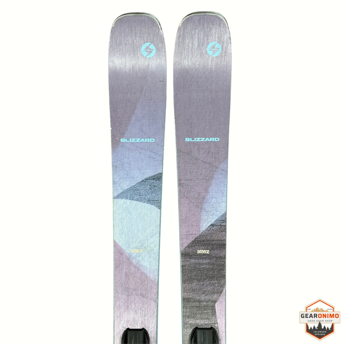 Gearonimo Sports Blizzard Black Pearl 88 skis in purple and grey with geometric patterns and Marker Tcx 11 bindings