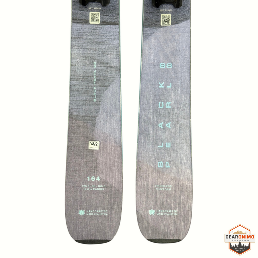Gearonimo Sports Blizzard Black Pearl 88 skis in 164cm length with grey wood grain finish and technical specifications