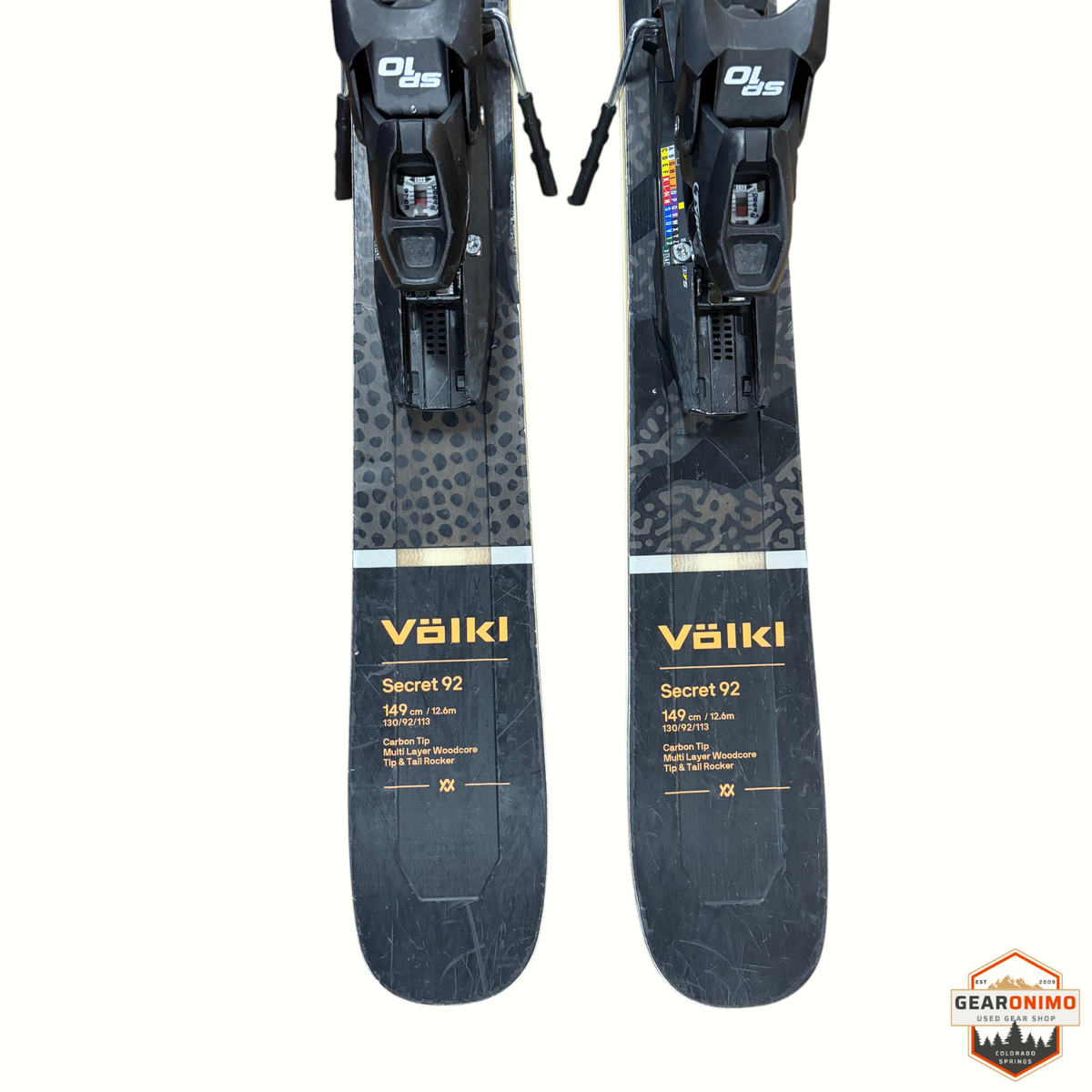 Gearonimo Sports Völkl Secret 92 skis in 149cm with Tyrolia SP 10 bindings, featuring a black and leopard print design.