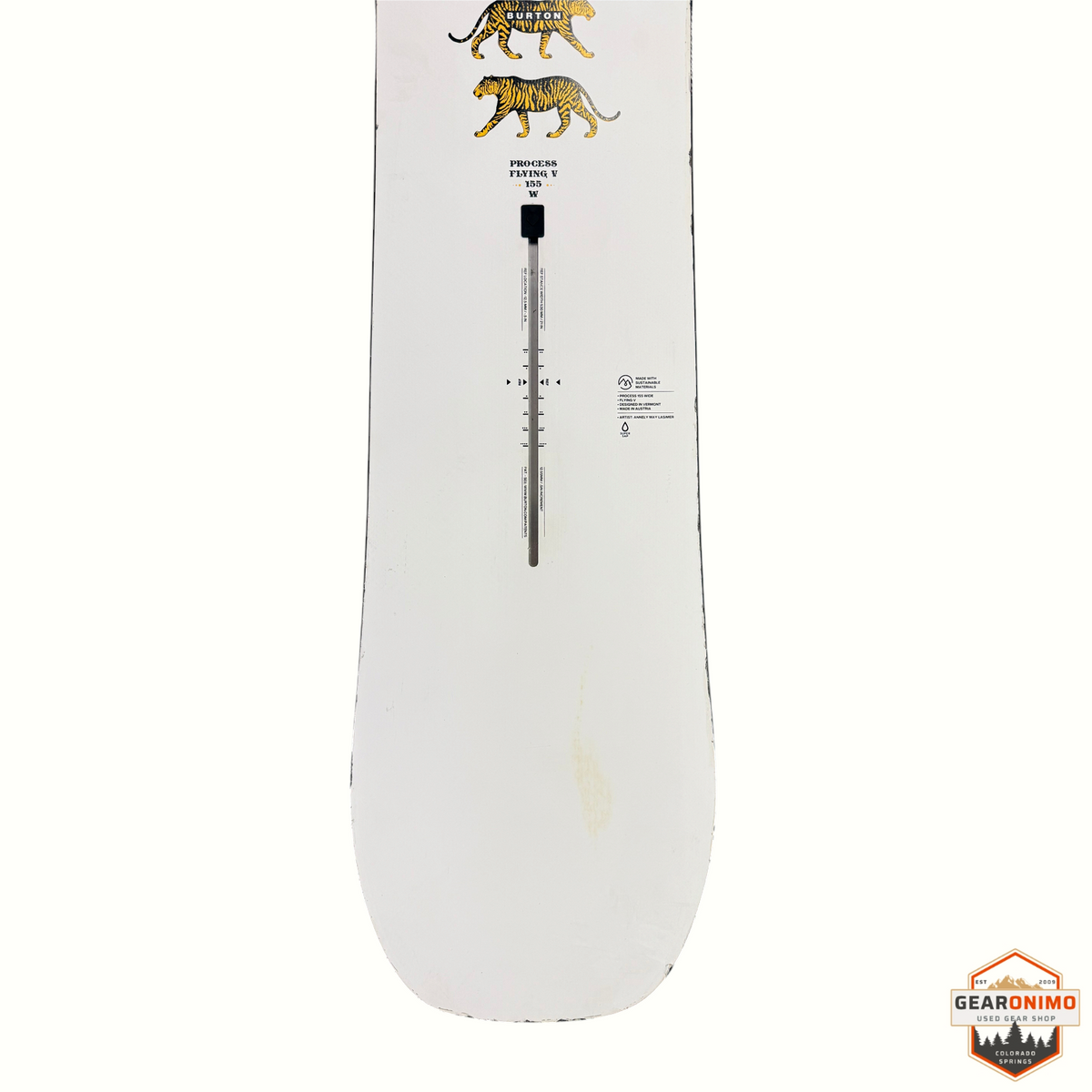 Gearonimo Sports Burton Process Flying V 155W snowboard featuring a white base with tiger graphic and binding mounts
