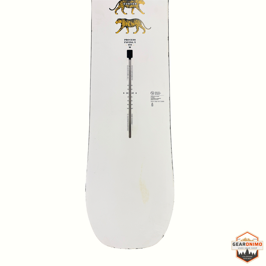Gearonimo Sports Burton Process Flying V 155W snowboard featuring a white base with tiger graphic and binding mounts