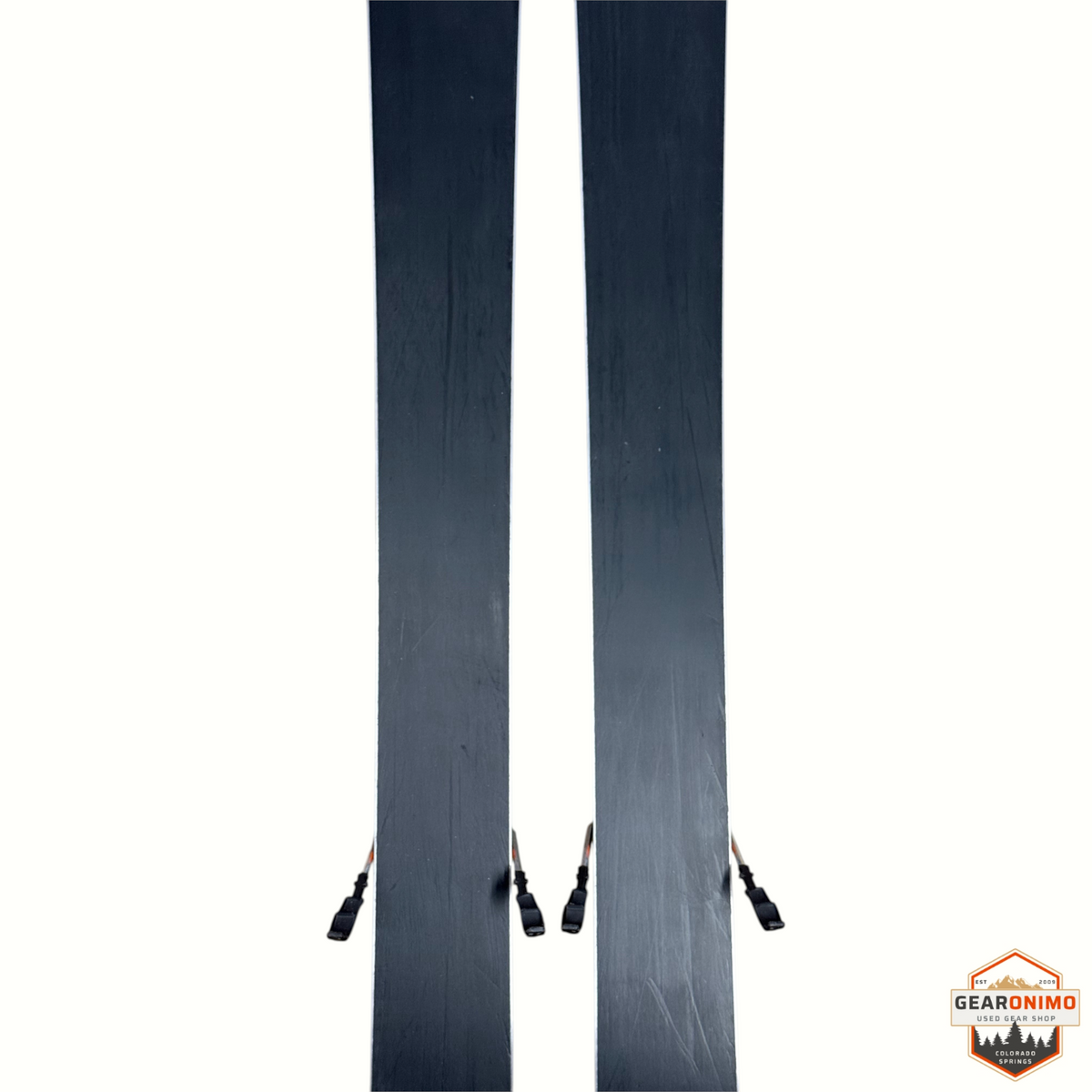 Gearonimo Sports Blizzard Anomaly 88 skis with Marker Tcx 11 bindings, black base view, 164cm length