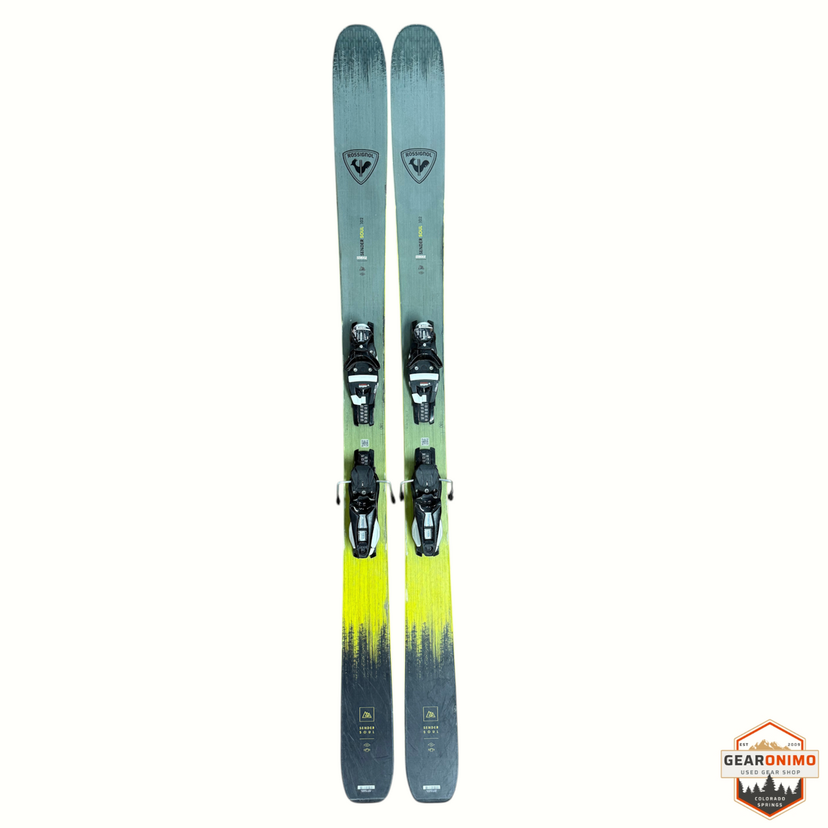 Gearonimo Sports Rossignol Sender Soul 102 skis with Look Nx 12 bindings in a grey and yellow gradient design