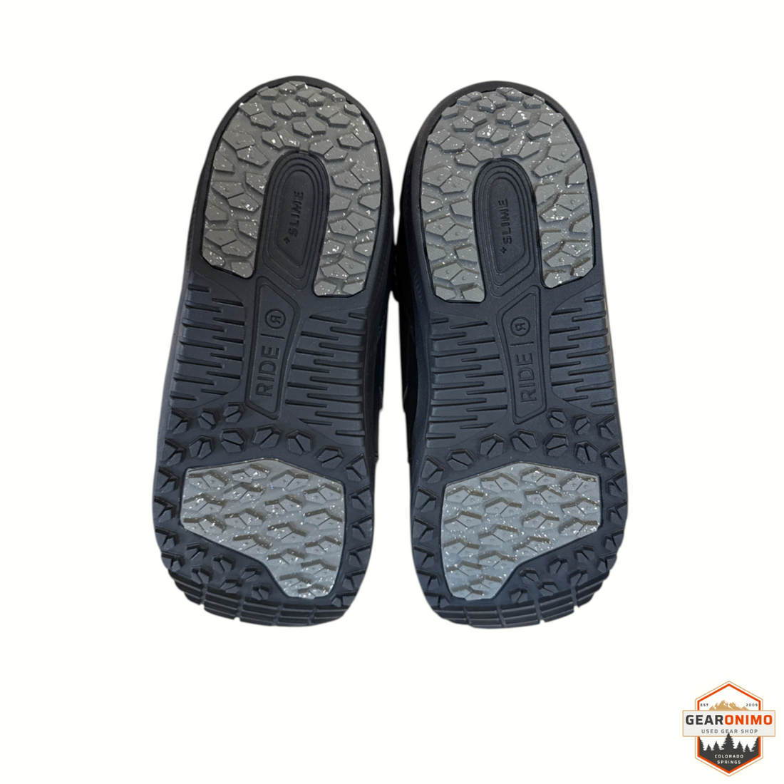 Gearonimo Sports Ride Orion snowboard boot soles featuring black and grey rubber traction patterns