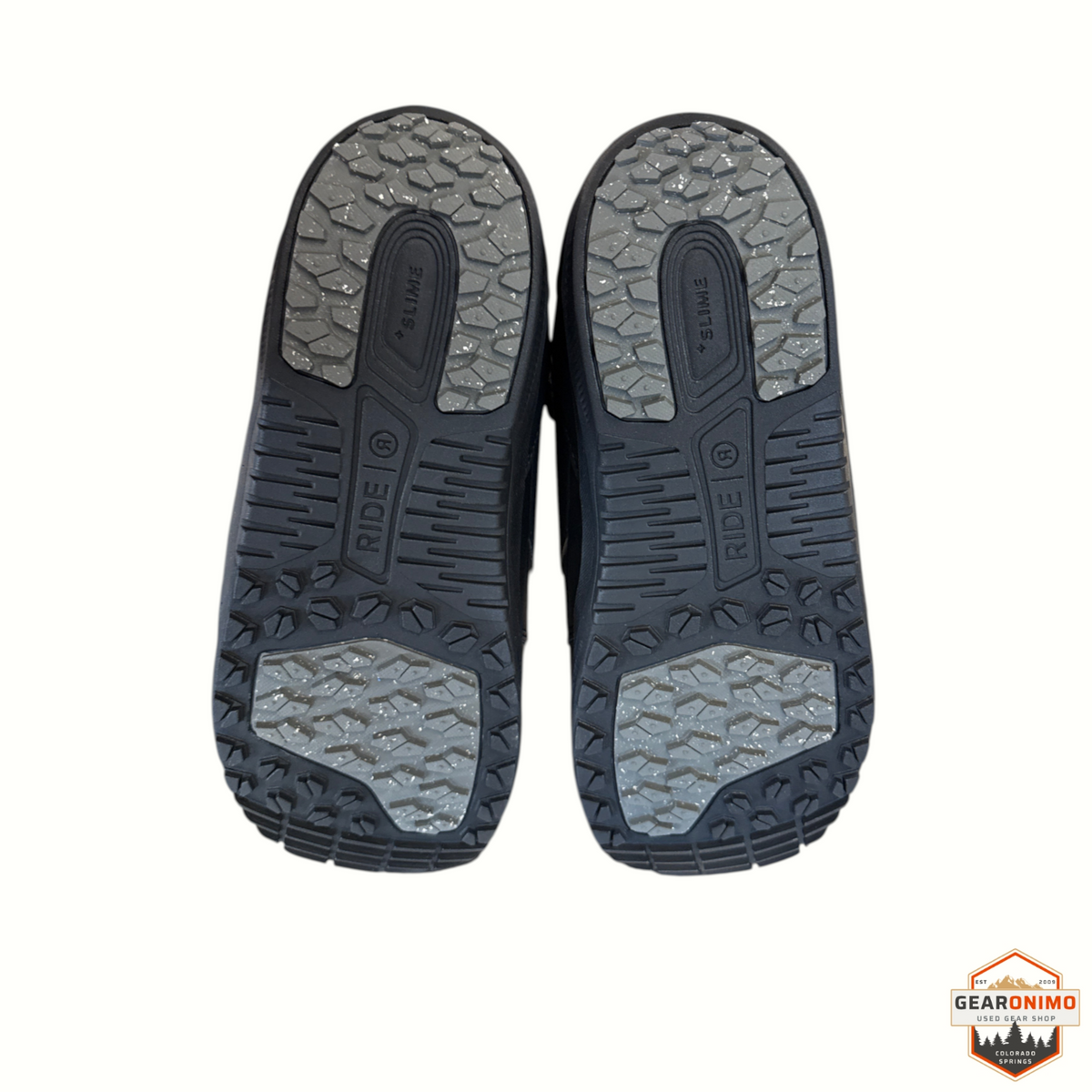 Gearonimo Sports Ride Orion snowboard boot soles featuring black and grey rubber traction patterns