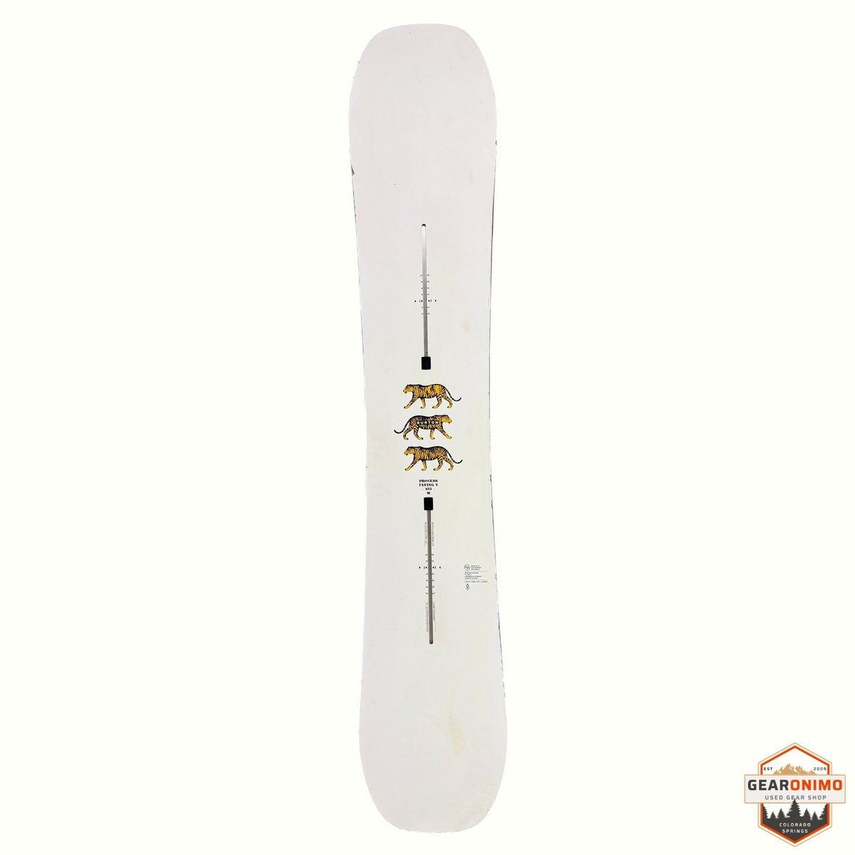 Gearonimo Sports Burton Process Flying V 155W snowboard in white with a central tiger graphic design