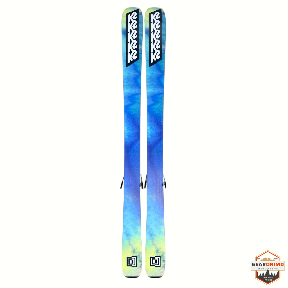 Gearonimo Sports K2 Mindbender 99ti skis with Salomon M11 bindings featuring a blue and yellow watercolor design