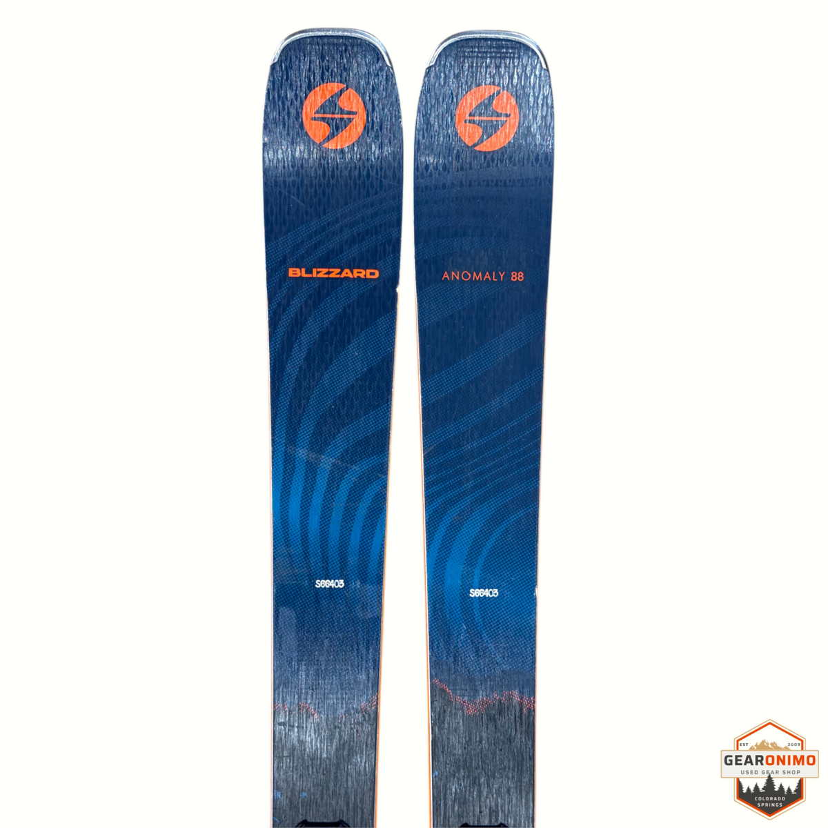 Gearonimo Sports Blizzard Anomaly 88 skis in blue with orange branding, size 164cm, shown from the top view.