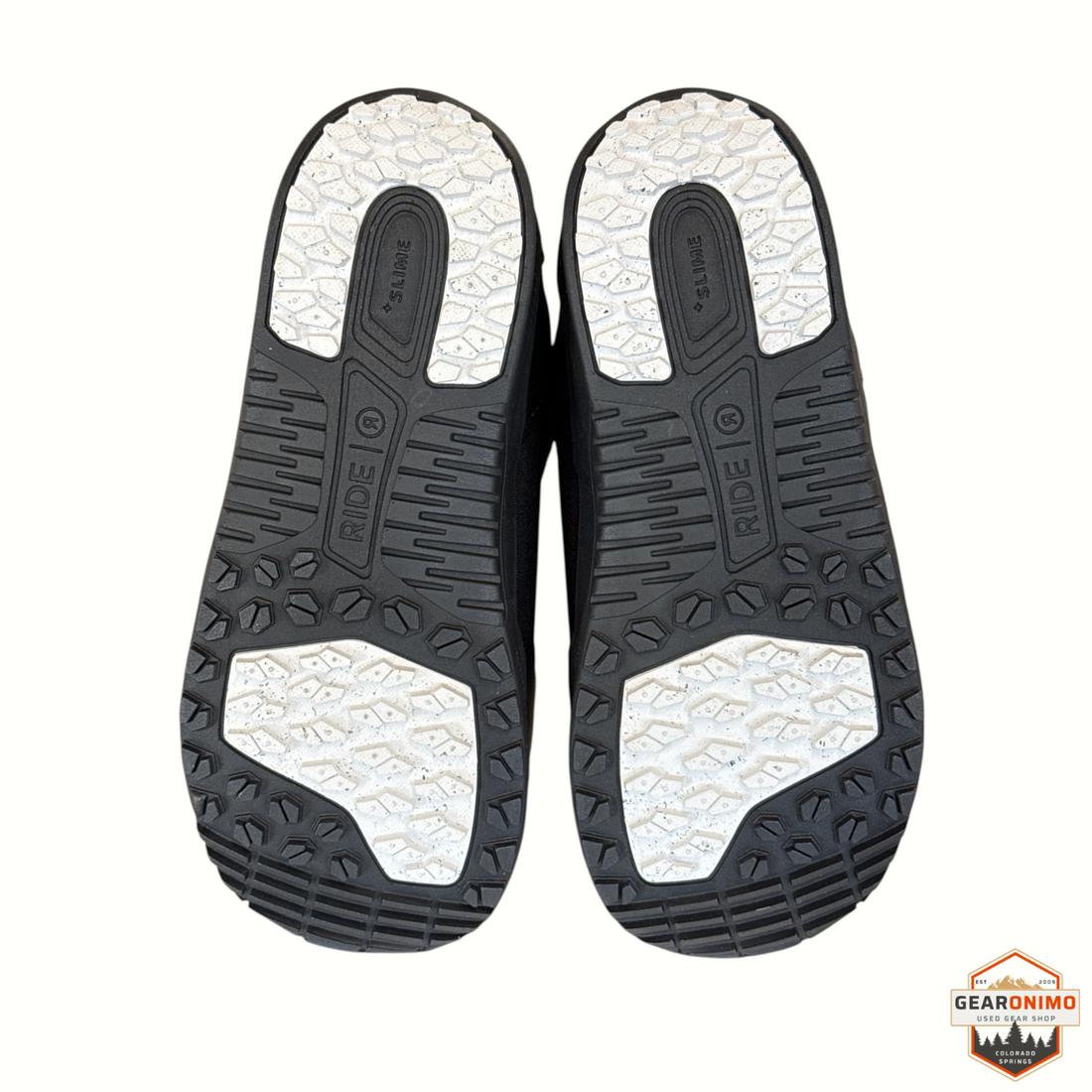 Gearonimo Sports Ride Harper 2026 snowboard boot soles featuring black and white rubber traction patterns