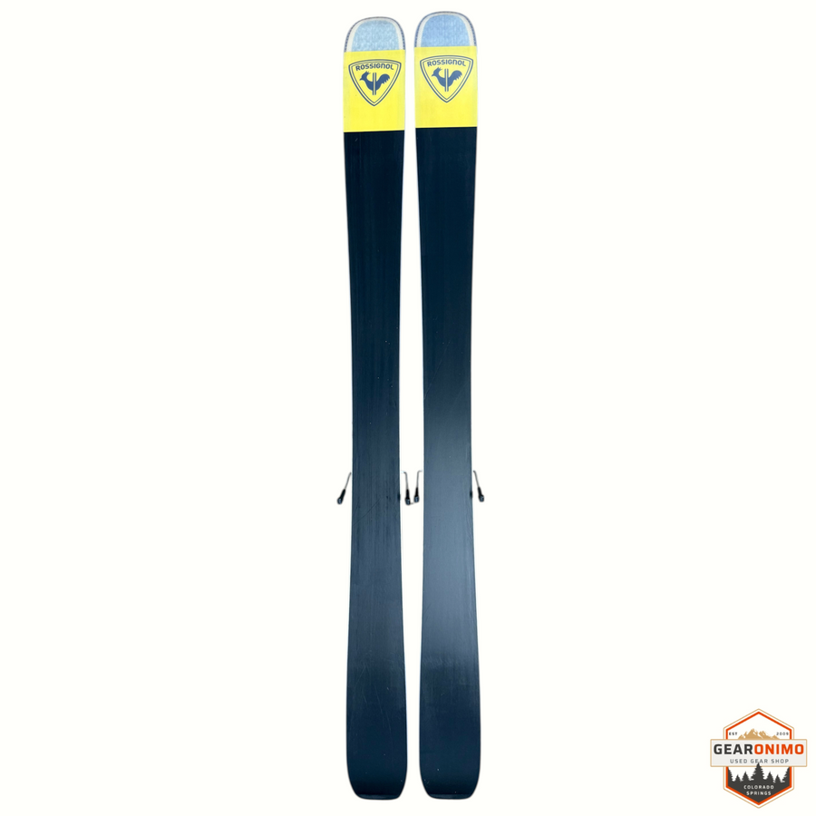 Gearonimo Sports Rossignol Sender Soul 102 skis with Look Nx 12 bindings, featuring black bases and yellow tips.